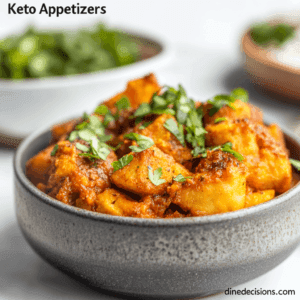 Delicious Keto appetizers, perfectly cooked and garnished with fresh herbs, paired with classic sides. 'Keto Appetizers' in bold, centered text at the top, with 'dinedecisions.com' subtly at the bottom."