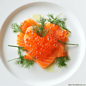 A beautifully presented salmon roe dish, featuring vibrant orange pearls atop a bed of fresh ingredients, garnished with delicate herbs and accompanied by complementary flavors, showcasing its luxurious texture and color.