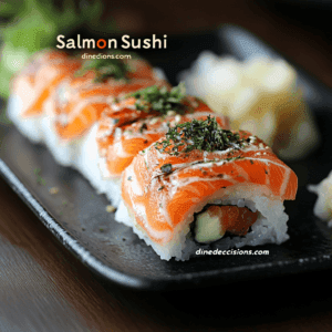 A beautifully plated salmon sushi dish, featuring vibrant slices of salmon atop perfectly seasoned rice, garnished with fresh herbs and delicate drizzles of soy sauce and wasabi, accompanied by pickled ginger for a touch of balance