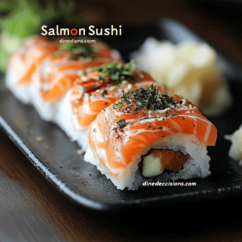 A beautifully plated salmon sushi dish, featuring vibrant slices of salmon atop perfectly seasoned rice, garnished with fresh herbs and delicate drizzles of soy sauce and wasabi, accompanied by pickled ginger for a touch of balance