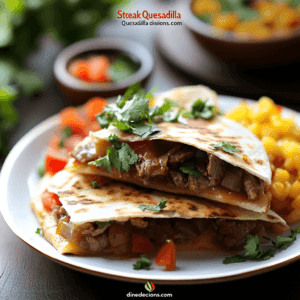 A delicious steak quesadilla, featuring perfectly grilled steak wrapped in a golden, crispy tortilla, garnished with fresh herbs and served with a side of salsa and sour cream for added flavor.