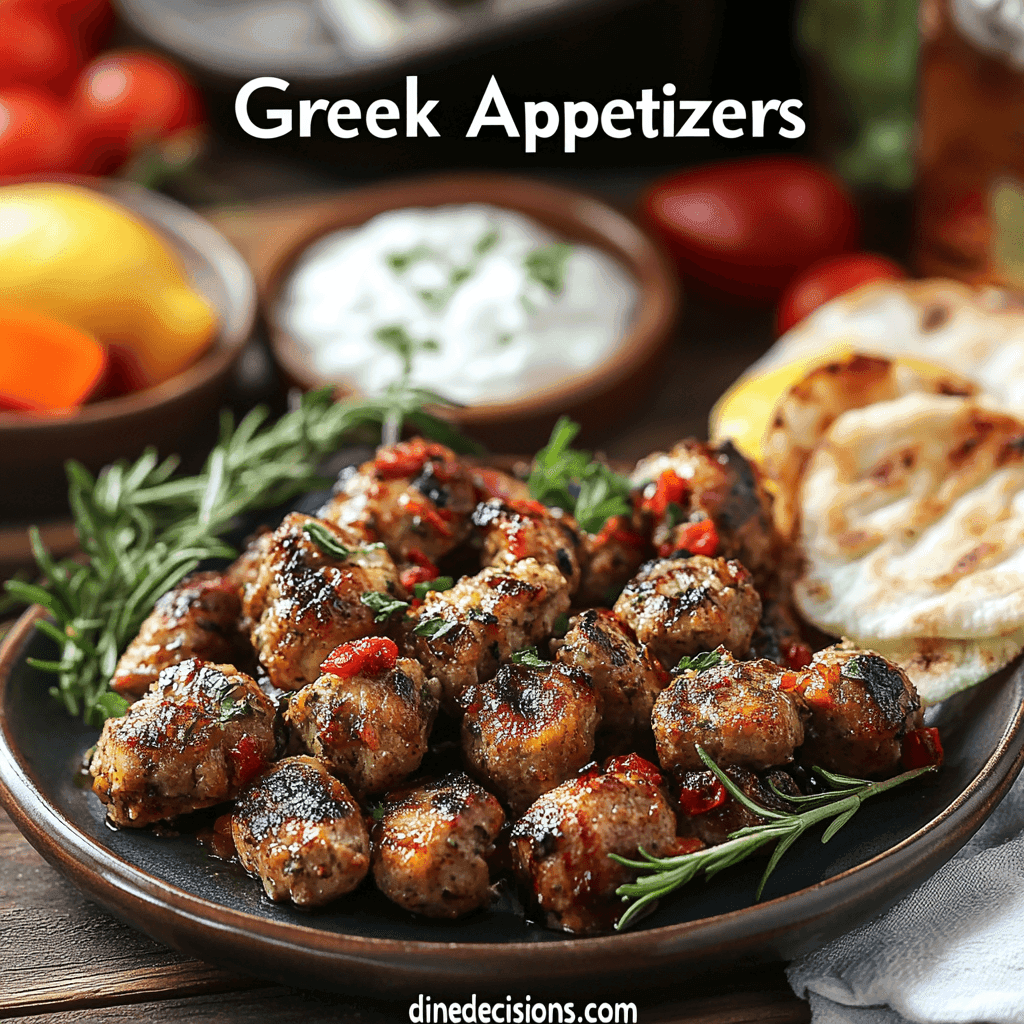 An inviting image of Greek appetizers featuring a main dish of golden-brown spanakopita triangles garnished with fresh dill. The platter is accompanied by sides like creamy tzatziki topped with olive oil and herbs, a bowl of marinated olives, and warm pita slices. The scene is set on a rustic wooden table with bright, natural lighting, evoking the warmth and charm of the Mediterranean.