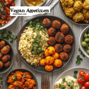 The image features an inviting arrangement of vegan appetizers, focusing on a beautifully prepared main dish: stuffed bell peppers brimming with quinoa and colorful vegetables, perfectly cooked and garnished with a touch of fresh parsley. The sides include crispy baked sweet potato wedges and a small bowl of creamy hummus with a sprinkle of paprika and a drizzle of olive oil. The scene is bathed in warm natural light on a light wooden table, creating a cozy and approachable vibe. At the top, bold text reading "Vegan Appetizers" is centered, while at the bottom, "dinedecisions.com" appears subtly to complement the overall aesthetic. Let me know if you'd like further refinements!
