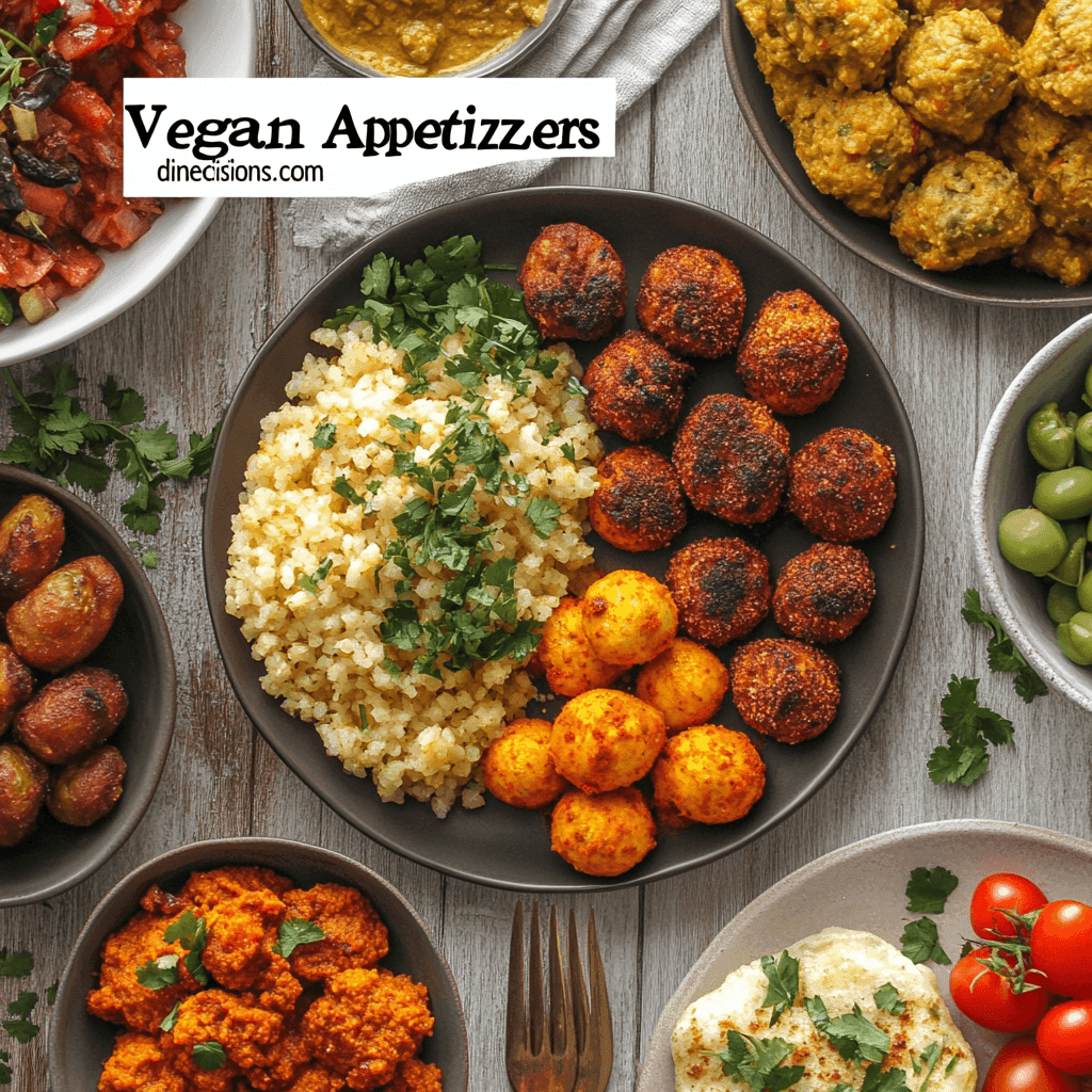 The image features an inviting arrangement of vegan appetizers, focusing on a beautifully prepared main dish: stuffed bell peppers brimming with quinoa and colorful vegetables, perfectly cooked and garnished with a touch of fresh parsley. The sides include crispy baked sweet potato wedges and a small bowl of creamy hummus with a sprinkle of paprika and a drizzle of olive oil. The scene is bathed in warm natural light on a light wooden table, creating a cozy and approachable vibe. At the top, bold text reading "Vegan Appetizers" is centered, while at the bottom, "dinedecisions.com" appears subtly to complement the overall aesthetic. Let me know if you'd like further refinements!