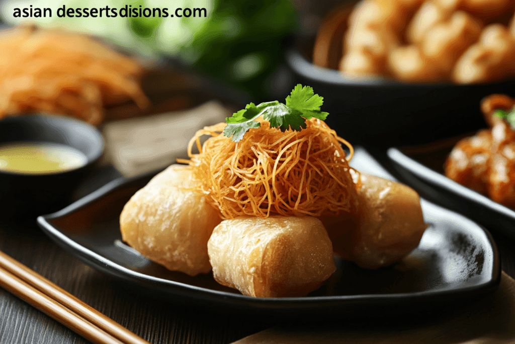 Asian dessert dish beautifully plated, featuring a perfectly cooked main dessert garnished with fresh herbs and complementary ingredients for an elegant presentation