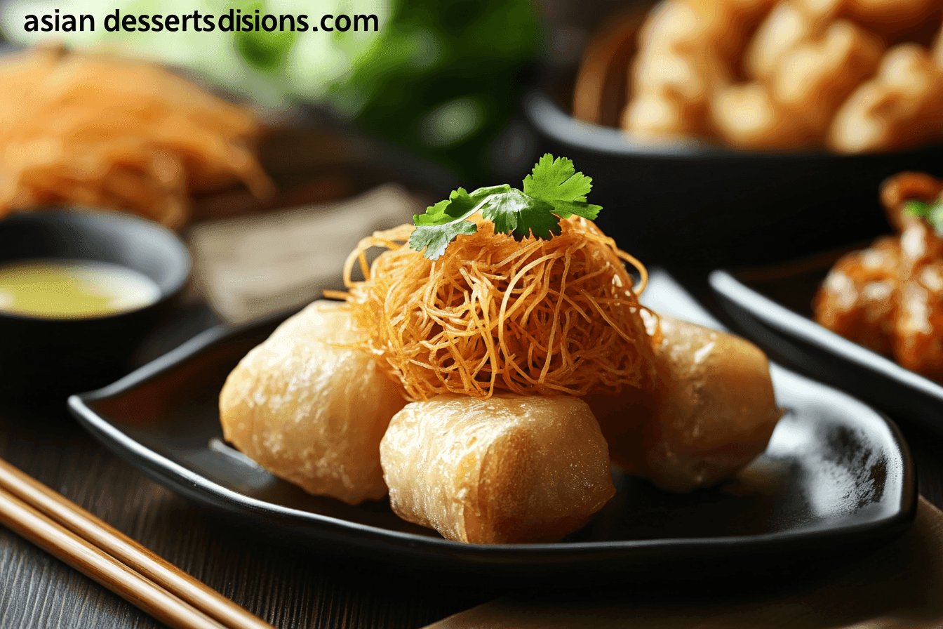 Asian dessert dish beautifully plated, featuring a perfectly cooked main dessert garnished with fresh herbs and complementary ingredients for an elegant presentation