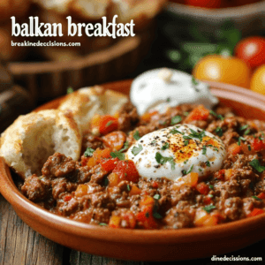 A traditional Balkan breakfast plate featuring perfectly cooked eggs, an assortment of savory cheeses and cured meats, fresh slices of tomatoes and cucumbers, and warm bread, all artfully arranged and garnished with sprigs of fresh parsley and dill