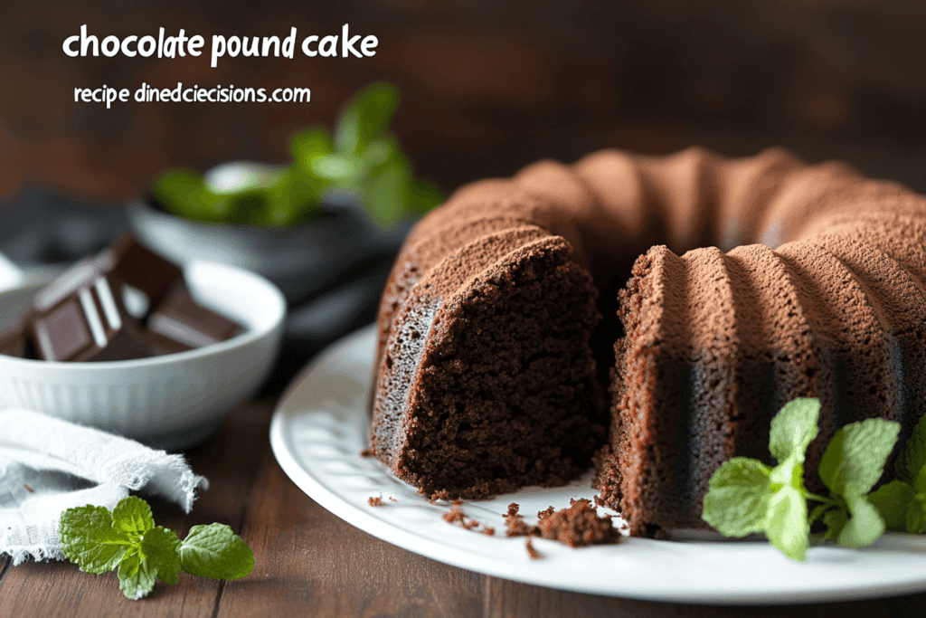 "Chocolate pound cake perfectly baked, showcasing the rich texture and topped with fresh herbs or complementary ingredients for an elegant presentation."
