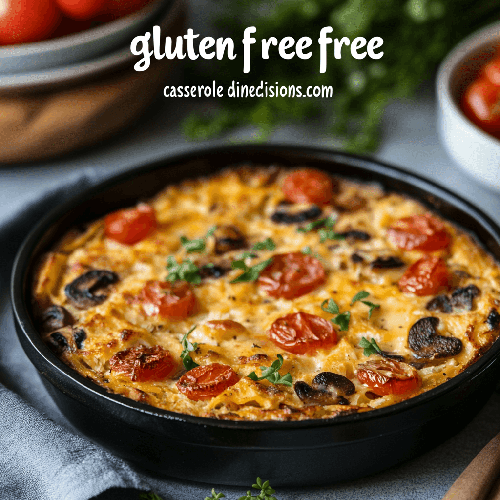 A hearty gluten-free breakfast casserole, baked to golden perfection with layers of eggs, vegetables, and melted cheese, garnished with fresh herbs and a sprinkle of black pepper
