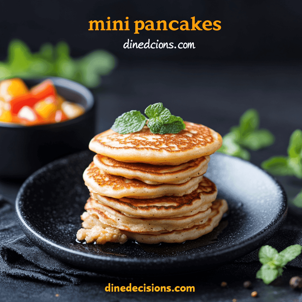 Stack of golden mini pancakes drizzled with syrup, topped with fresh berries, a dollop of whipped cream, and a sprinkle of powdered sugar, garnished with a mint leaf