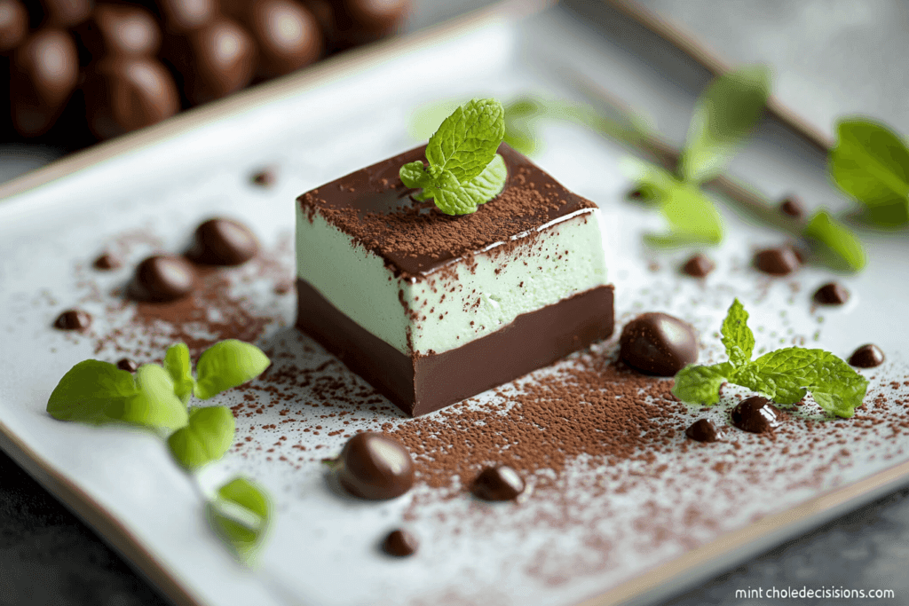 Mint chocolate dessert beautifully plated, showcasing the main dish cooked to perfection and garnished with fresh mint leaves and complementary ingredients.