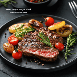 A tender teres major steak, perfectly cooked to a rich, juicy medium-rare, garnished with fresh herbs and served alongside flavorful sides, highlighting its succulent texture and savory crust.