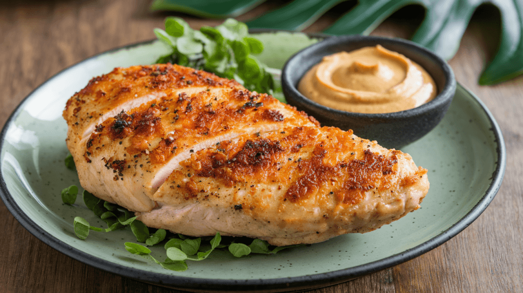 Air-fried whole grain mustard chicken breast, golden brown and cooked through, served with a side of whole grain mustard on a plate resting on a wooden surface. A green leaf adds a touch of color in the background