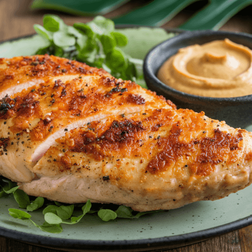 Air-fried whole grain mustard chicken breast, golden brown and cooked through, served with a side of whole grain mustard on a plate resting on a wooden surface. A green leaf adds a touch of color in the background