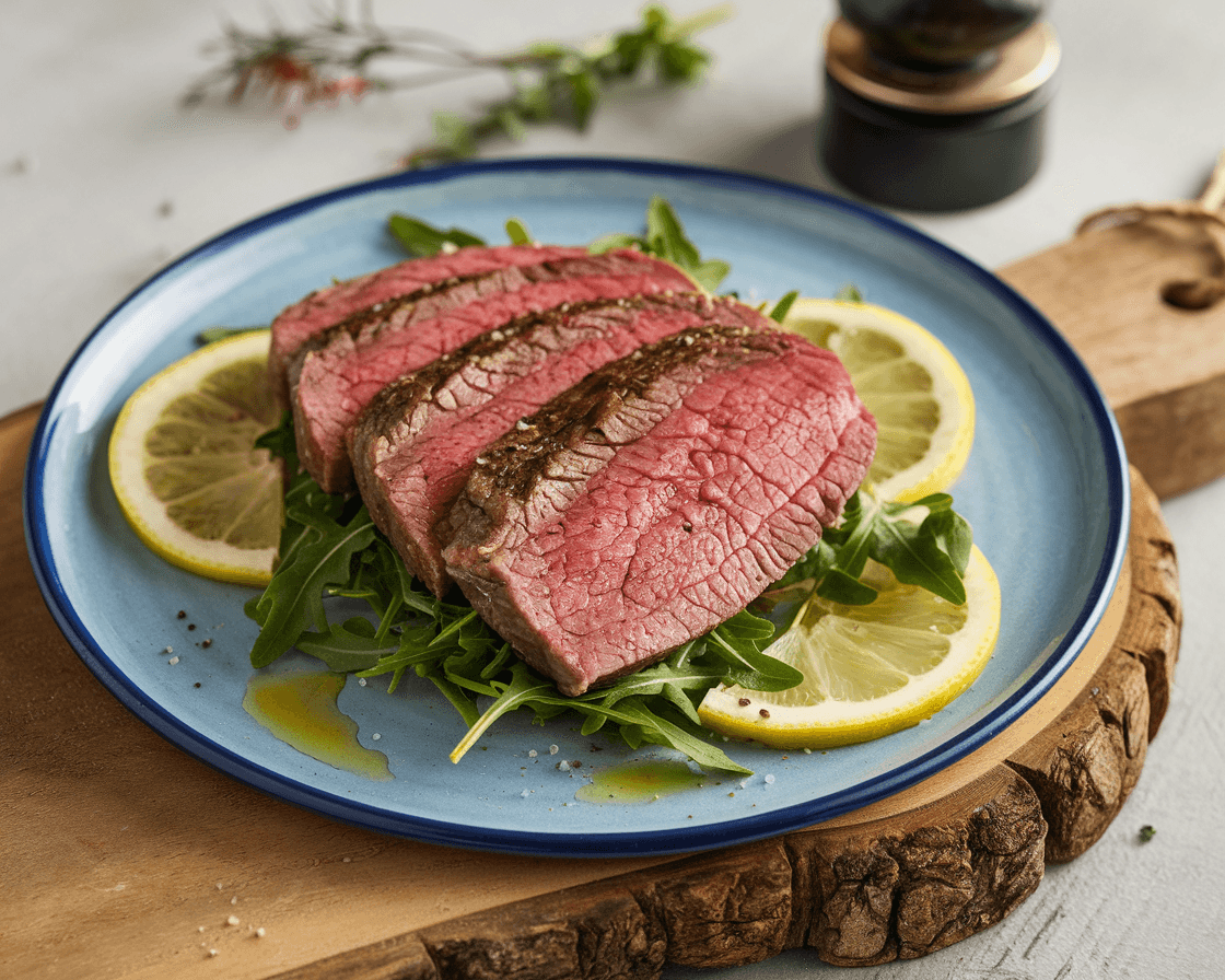 Top-down view of a plate featuring medium-rare beef flap meat on fresh arugula, garnished with lemon slices and olive oil, set on a rustic wooden board with minimalistic decor and herbs in the background.