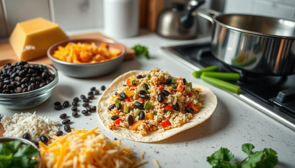 Cheesy Bean and Rice Burrito Preparation