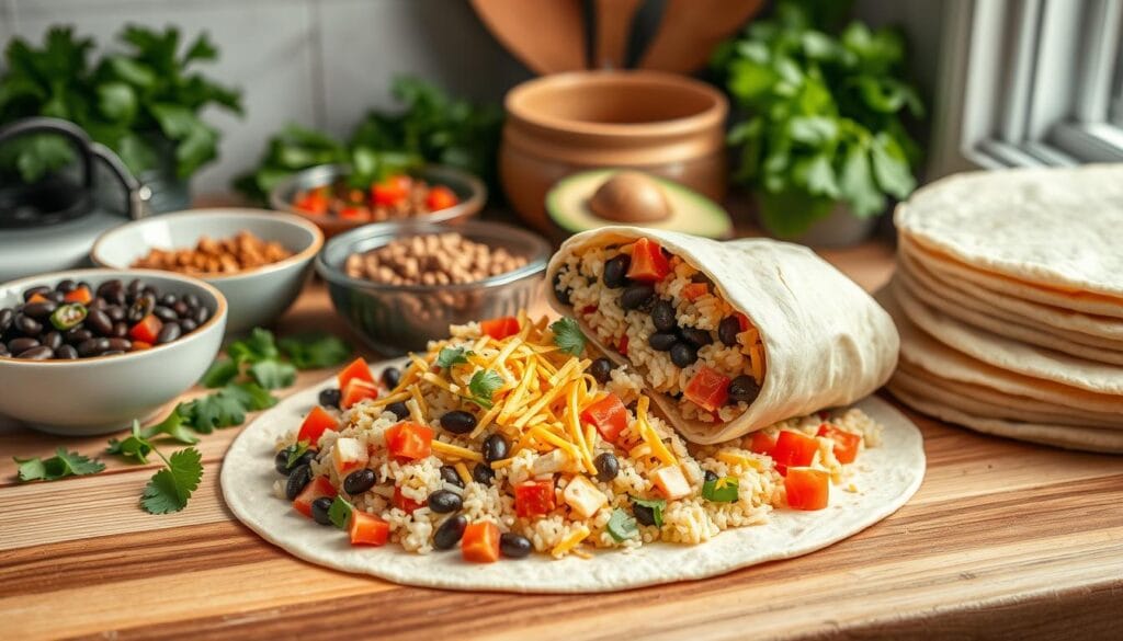 Cheesy Bean and Rice Burrito Preparation