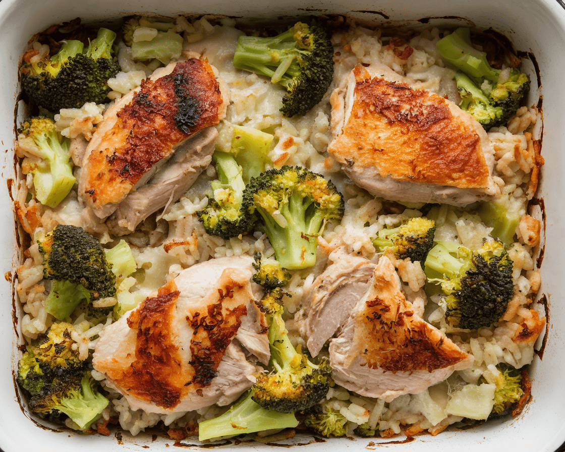 Side view of a Chicken Broccoli Rice Casserole in a white baking dish, featuring a golden brown, crispy top and a lacy texture with visible pieces of chicken, broccoli, and rice. Clean, minimalist background