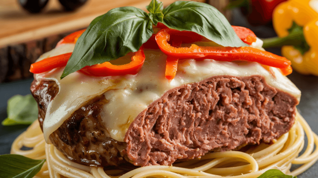 Close-up of a Philly Cheesesteak Meatloaf with melted cheese and sliced peppers, served on a bed of spaghetti. Fresh basil leaves are sprinkled on top. A wooden board with olives and a pepper is in the background.