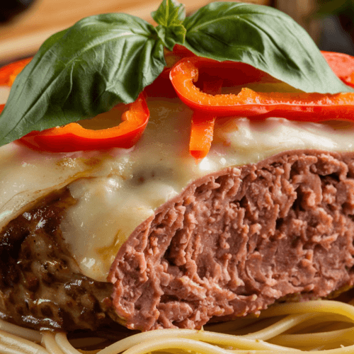 Close-up of a Philly Cheesesteak Meatloaf with melted cheese and sliced peppers, served on a bed of spaghetti. Fresh basil leaves are sprinkled on top. A wooden board with olives and a pepper is in the background.