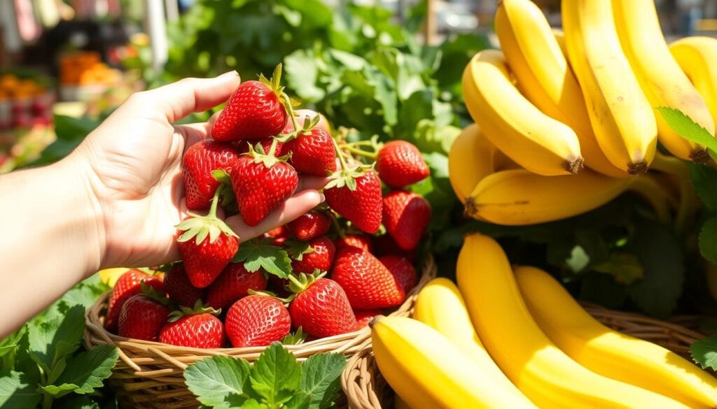 Selecting Fresh Strawberries and Bananas