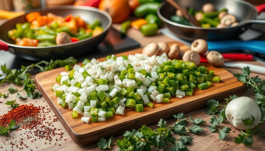 Vegetable preparation for cheesesteak meatloaf Vegetable preparation for cheesesteak meatloaf