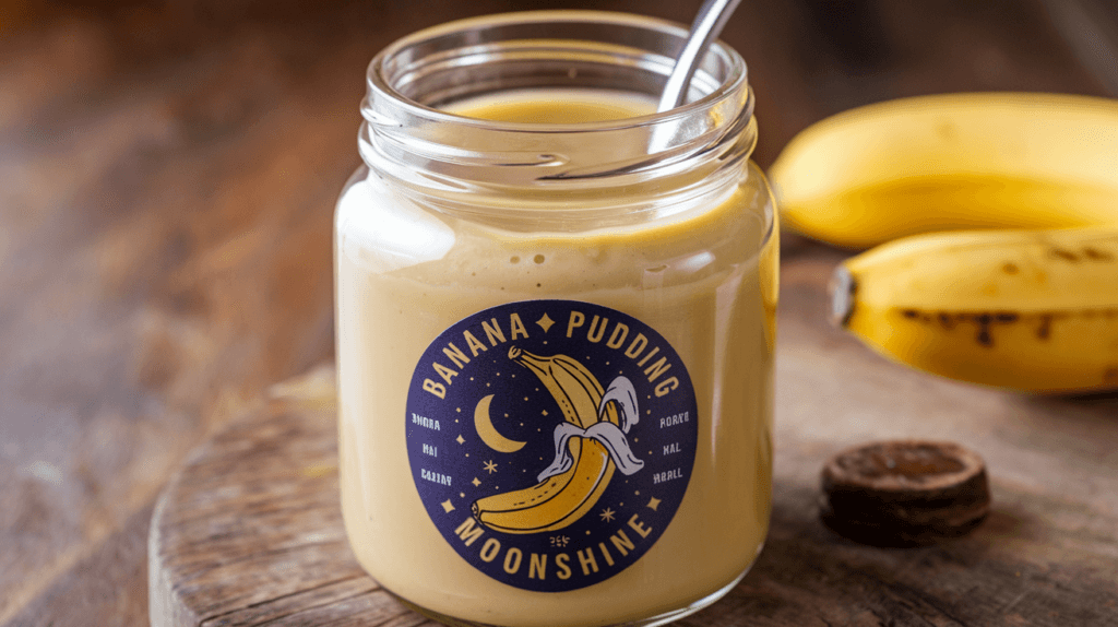 A jar of banana pudding moonshine filled with creamy golden liquid, featuring a label with a banana and moon design. A spoon is placed inside the jar, and the background shows a rustic wooden surface