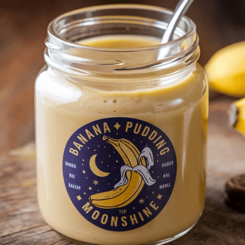 A jar of banana pudding moonshine filled with creamy golden liquid, featuring a label with a banana and moon design. A spoon is placed inside the jar, and the background shows a rustic wooden surface