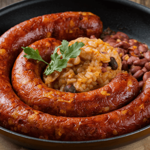 Pan of crispy beef chorizo, made with ground beef and paprika, served alongside rice and beans. The pan is placed on a wooden board.