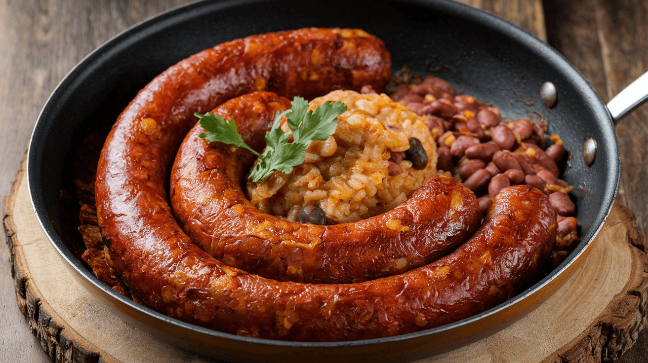 Pan of crispy beef chorizo, made with ground beef and paprika, served alongside rice and beans. The pan is placed on a wooden board.