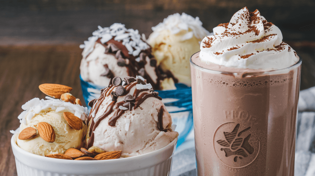 A high-protein dessert featuring a chocolate protein shake topped with whipped cream and a sprinkle of cocoa powder. Alongside it, a bowl of protein ice cream is garnished with almonds, chocolate chips, and shredded coconut. The scene is set on a wooden surface, highlighting the rich textures and toppings of the dessert.