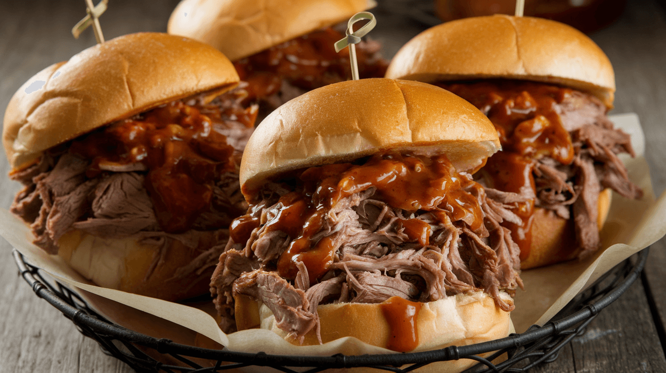 A close-up of pulled beef sandwiches served in a basket, overflowing with tender, juicy beef coated in a rich, tangy barbecue sauce. A toothpick holds each sandwich together, and the background features a rustic wooden surface for a warm, homey feel.