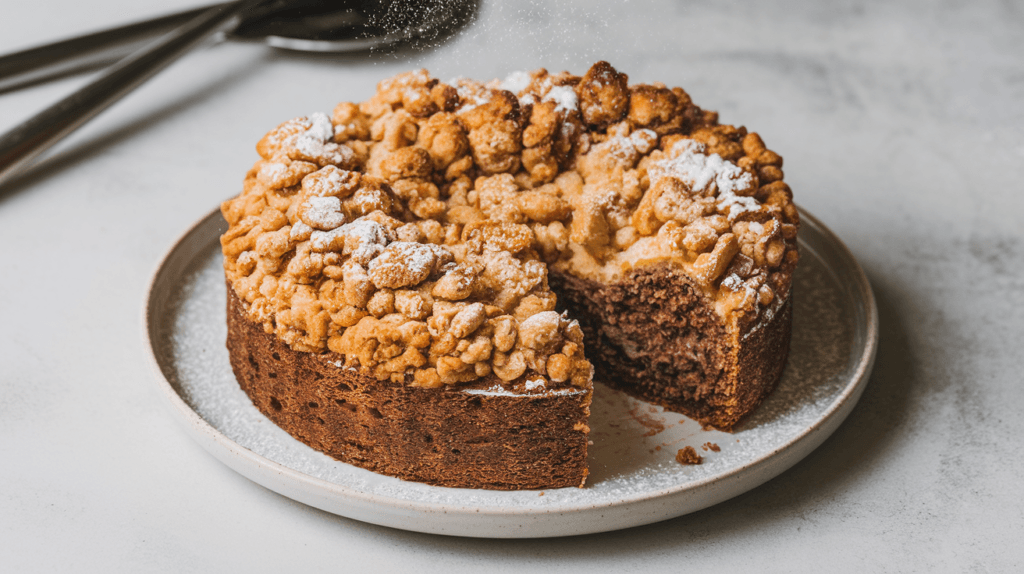 A slice of sourdough rye cake with a golden-brown streusel topping and a dusting of powdered sugar, placed on a white plate. A bite has been taken out, revealing the moist interior. The background is clean and simple, with a few utensils nearby