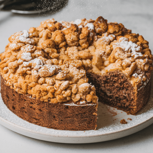 A slice of sourdough rye cake with a golden-brown streusel topping and a dusting of powdered sugar, placed on a white plate. A bite has been taken out, revealing the moist interior. The background is clean and simple, with a few utensils nearby