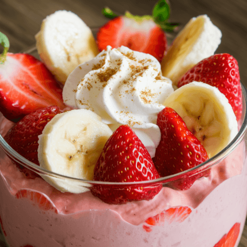 A clear glass bowl filled with strawberry banana pudding, topped with fresh strawberries, banana slices, whipped cream, and a sprinkle of cinnamon. The pudding sits on a wooden table, creating a rustic, inviting presentation