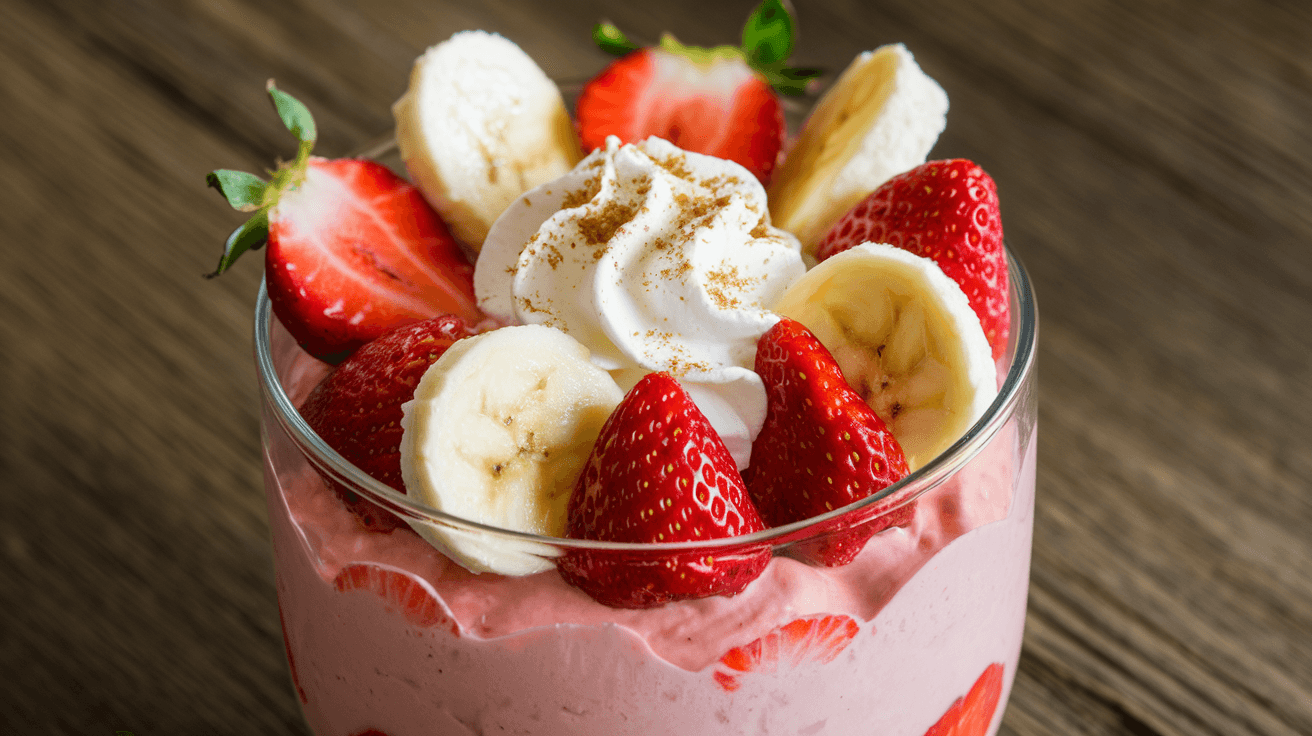 A clear glass bowl filled with strawberry banana pudding, topped with fresh strawberries, banana slices, whipped cream, and a sprinkle of cinnamon. The pudding sits on a wooden table, creating a rustic, inviting presentation