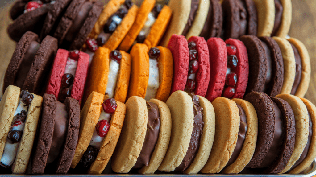 Assorted stuffed cookies on a wooden tray: chocolate chip cookies with a chocolate filling, orange cranberry cookies with cranberry filling, and peanut butter cookies with chocolate filling, all arranged in rows with a slightly crumpled appearance