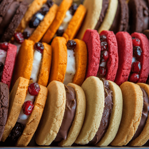 Assorted stuffed cookies on a wooden tray: chocolate chip cookies with a chocolate filling, orange cranberry cookies with cranberry filling, and peanut butter cookies with chocolate filling, all arranged in rows with a slightly crumpled appearance