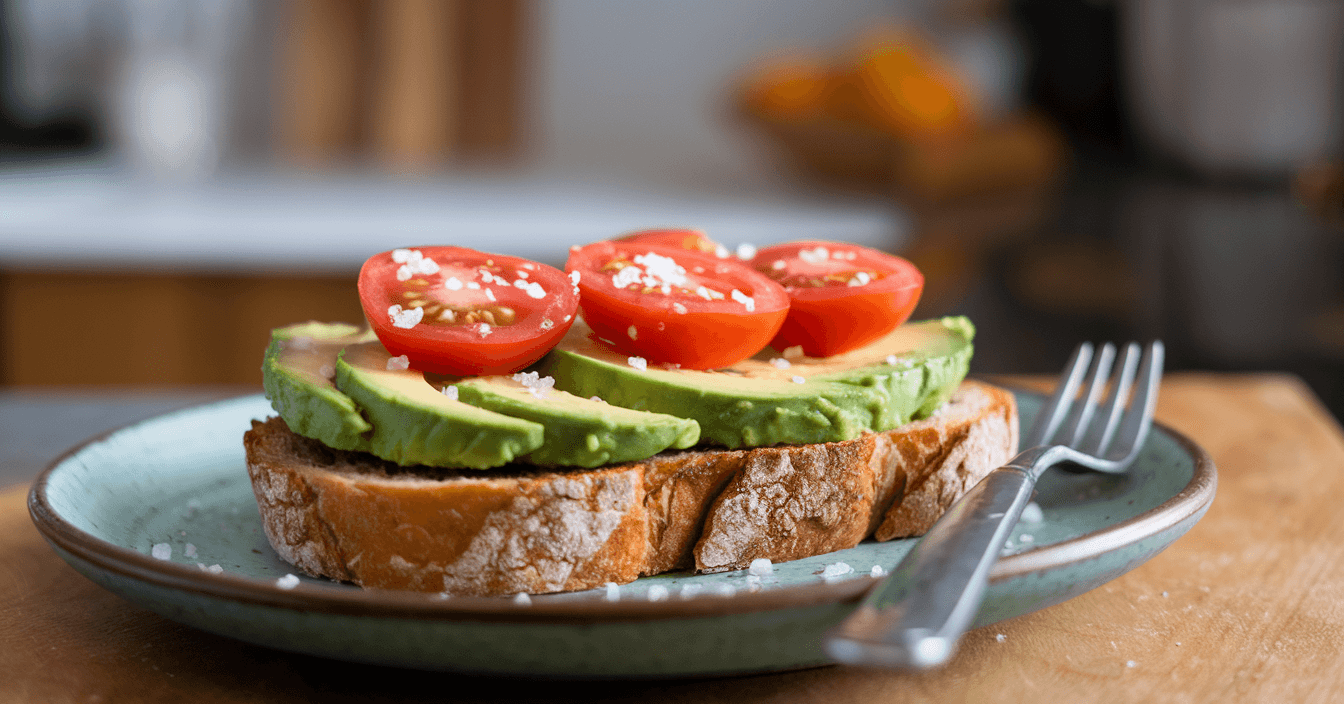 Gluten-free sourdough avocado toast topped with ripe avocado slices, cherry tomatoes, and a sprinkle of sea salt. The golden-brown bread has a crispy exterior, served on a plate with a fork beside it. A wooden surface and a blurred kitchen background complete the scene