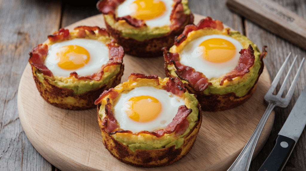 Delicious avocado and bacon egg cups in mini muffin tins, with perfectly cooked eggs in the center. The dish features golden-brown bacon and avocado, with firm egg whites and slightly runny yolks. Set on a rustic wooden board with a fork and knife beside it.