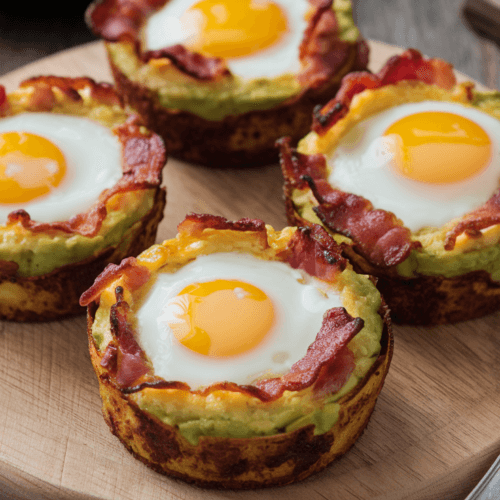 Delicious avocado and bacon egg cups in mini muffin tins, with perfectly cooked eggs in the center. The dish features golden-brown bacon and avocado, with firm egg whites and slightly runny yolks. Set on a rustic wooden board with a fork and knife beside it.