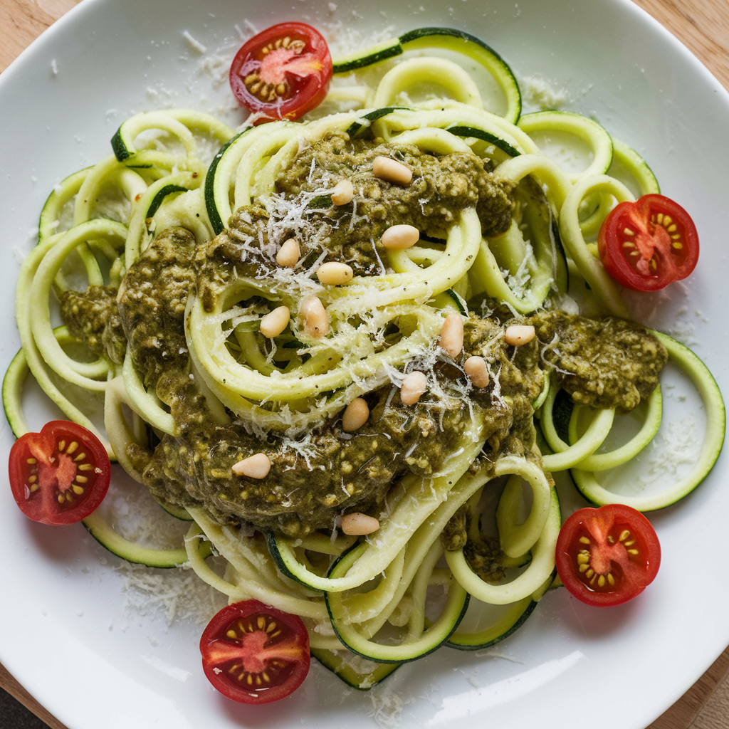 A plate of spiralized zucchini noodles tossed in vibrant green pesto, garnished with halved cherry tomatoes, grated Parmesan cheese, and toasted pine nuts. The noodles have a light green hue, contrasting with the rich, dark green pesto. The dish is presented on a wooden cutting board background.