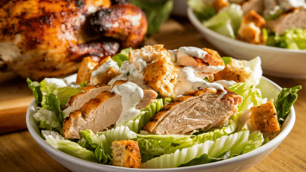 Delicious Chicken Caesar Salad in a bowl with romaine lettuce, grilled chicken, croutons, and a generous drizzle of Caesar dressing. A whole grilled chicken rests in the background, with warm lighting highlighting the fresh ingredients.