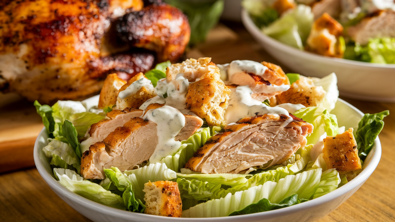 Delicious Chicken Caesar Salad in a bowl with romaine lettuce, grilled chicken, croutons, and a generous drizzle of Caesar dressing. A whole grilled chicken rests in the background, with warm lighting highlighting the fresh ingredients.