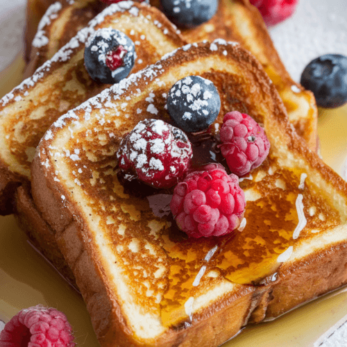 A plate of dairy-free and gluten-free French toast with three golden-brown slices, topped with fresh berries, a drizzle of maple syrup, and a light dusting of powdered sugar. The background is clean and simple.