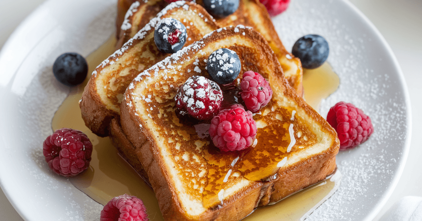 A plate of dairy-free and gluten-free French toast with three golden-brown slices, topped with fresh berries, a drizzle of maple syrup, and a light dusting of powdered sugar. The background is clean and simple.