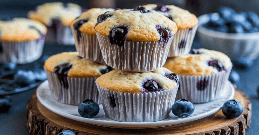 A plate of fluffy gluten-free blueberry muffins with golden-brown tops, filled with fresh blueberries. The muffins sit on a wooden board with a few scattered blueberries. In the blurred background, additional muffins and a bowl of blueberries add depth to the scene.