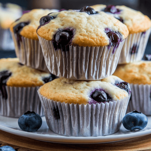 A plate of fluffy gluten-free blueberry muffins with golden-brown tops, filled with fresh blueberries. The muffins sit on a wooden board with a few scattered blueberries. In the blurred background, additional muffins and a bowl of blueberries add depth to the scene.