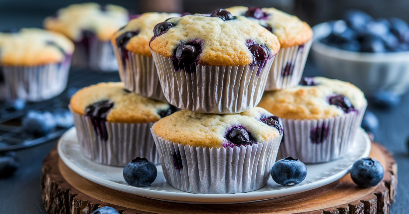 A plate of fluffy gluten-free blueberry muffins with golden-brown tops, filled with fresh blueberries. The muffins sit on a wooden board with a few scattered blueberries. In the blurred background, additional muffins and a bowl of blueberries add depth to the scene.