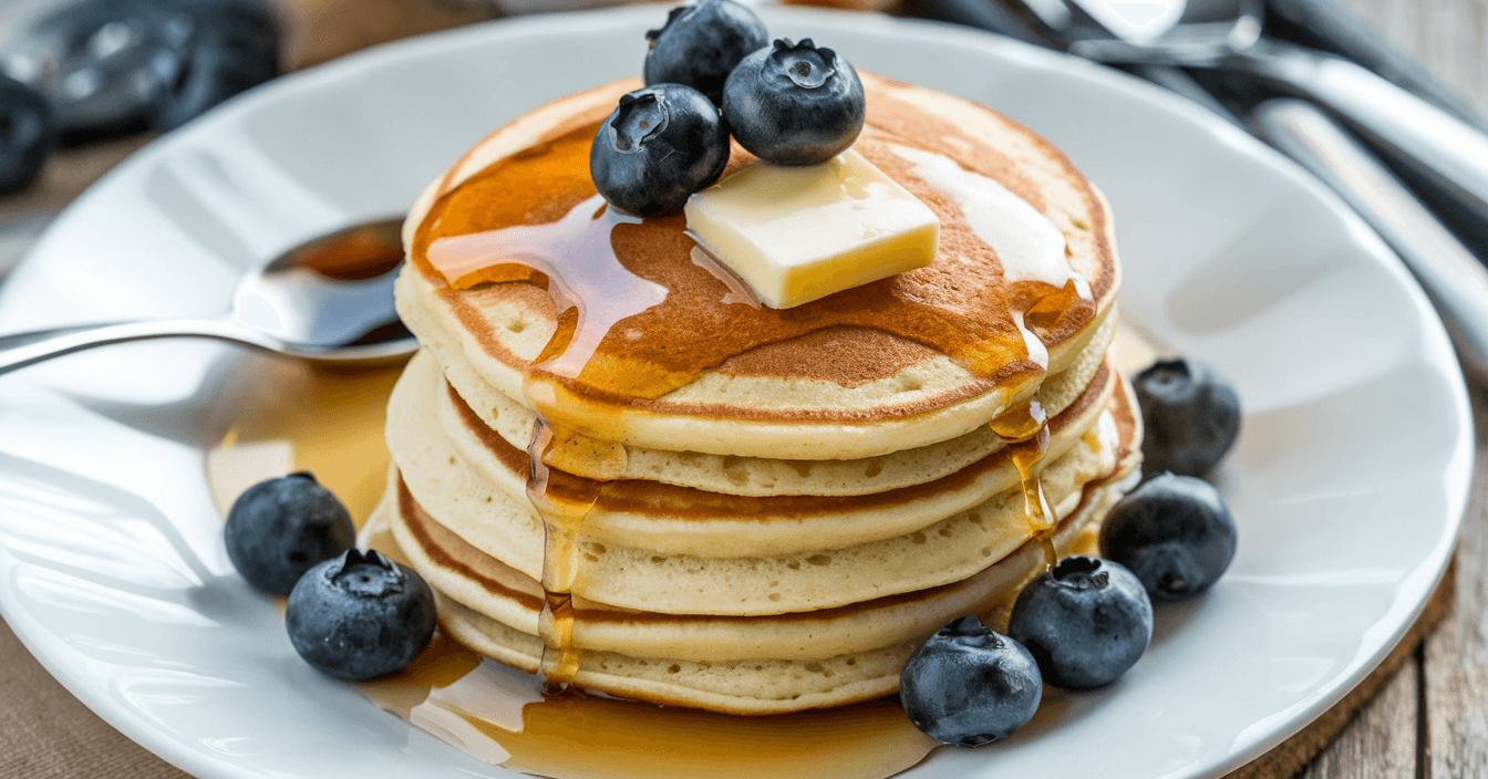 Fluffy gluten-free pancakes on a white plate, topped with fresh blueberries, a dollop of butter, and a drizzle of syrup. The golden-brown pancakes are neatly presented on a wooden surface with a few utensils in the background.